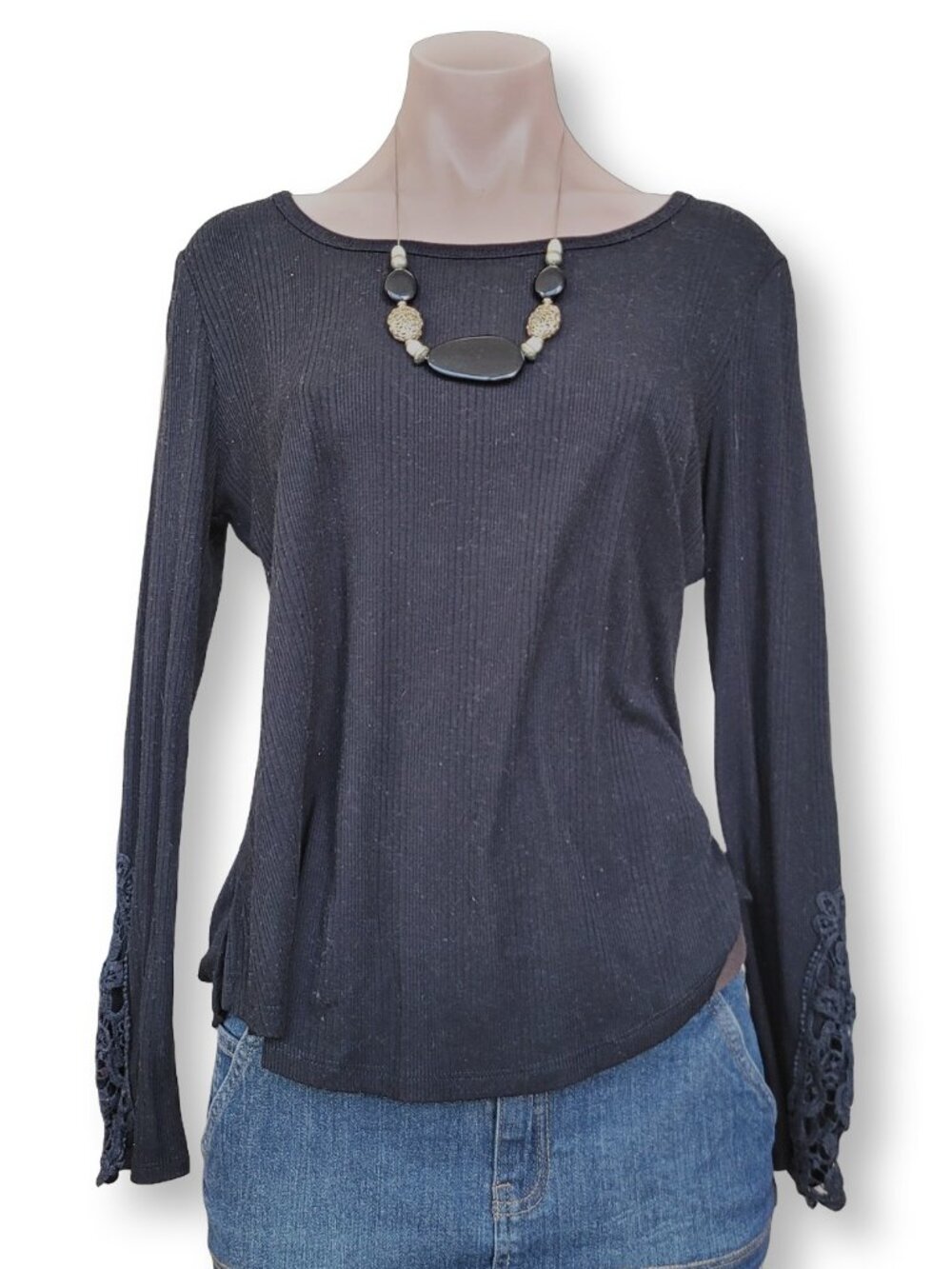 Pink Rose Women's Black Lace Trim 3/4 Sleeve Top (size M)